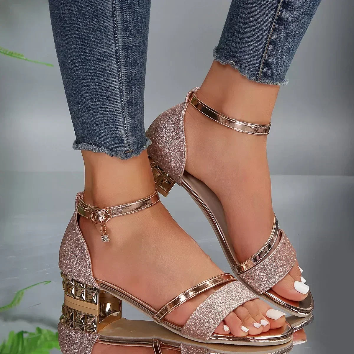 Faux-Leather Gold-Detail Sandals with a Soft Elegant Fit